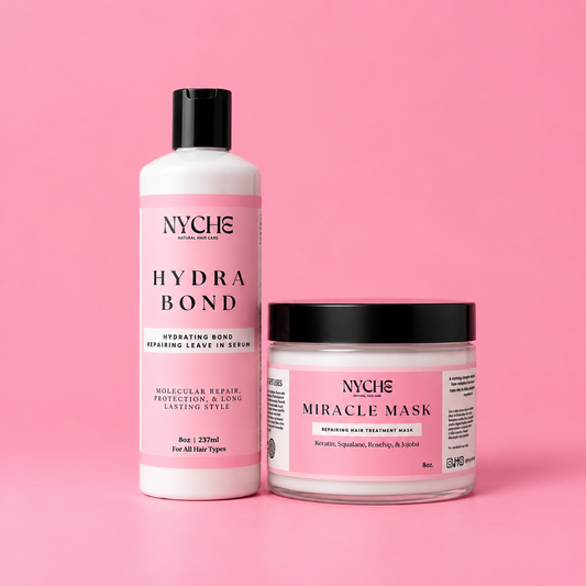 NYCE Hydra Bond leave-in serum and Miracle Mask jar, moisturizing hair repair duo