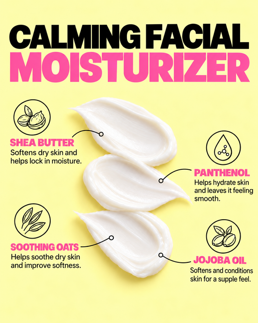 Calming facial moisturizer with white cream swirls, showing ingredient icons