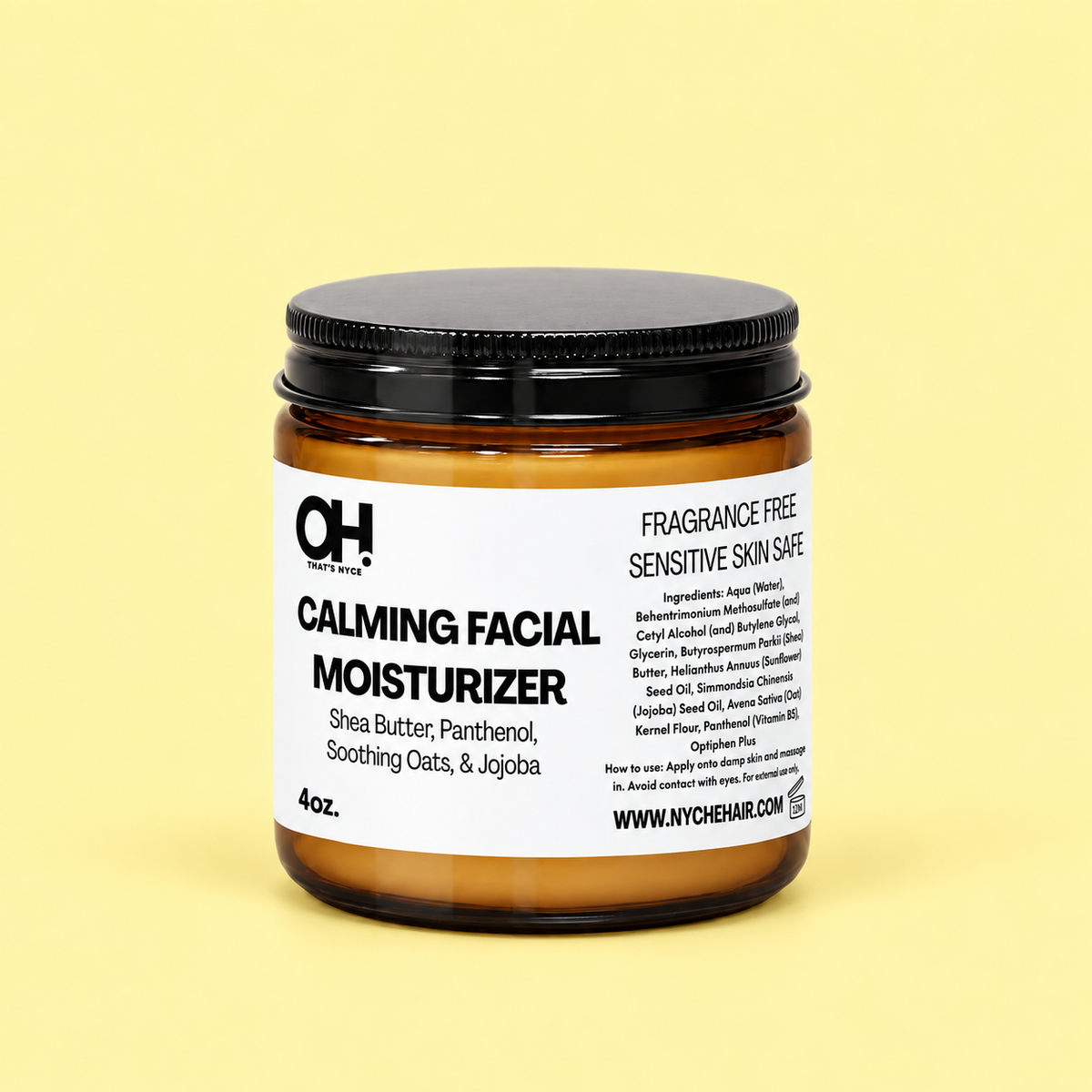 Calming facial moisturizer jar with black lid, amber glass, fragrance-free label