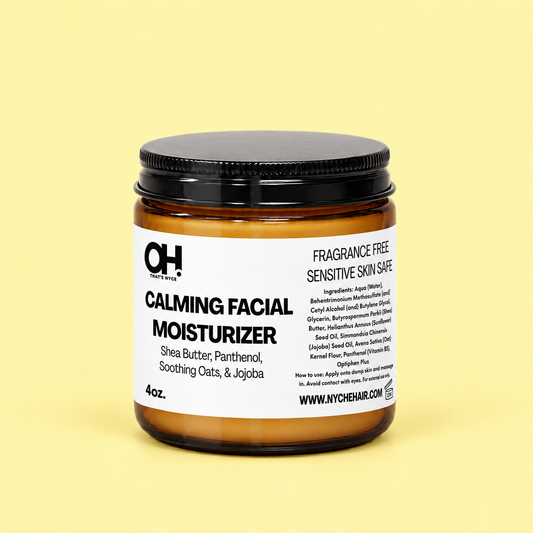 Calming facial moisturizer jar with black lid, amber glass, fragrance-free label