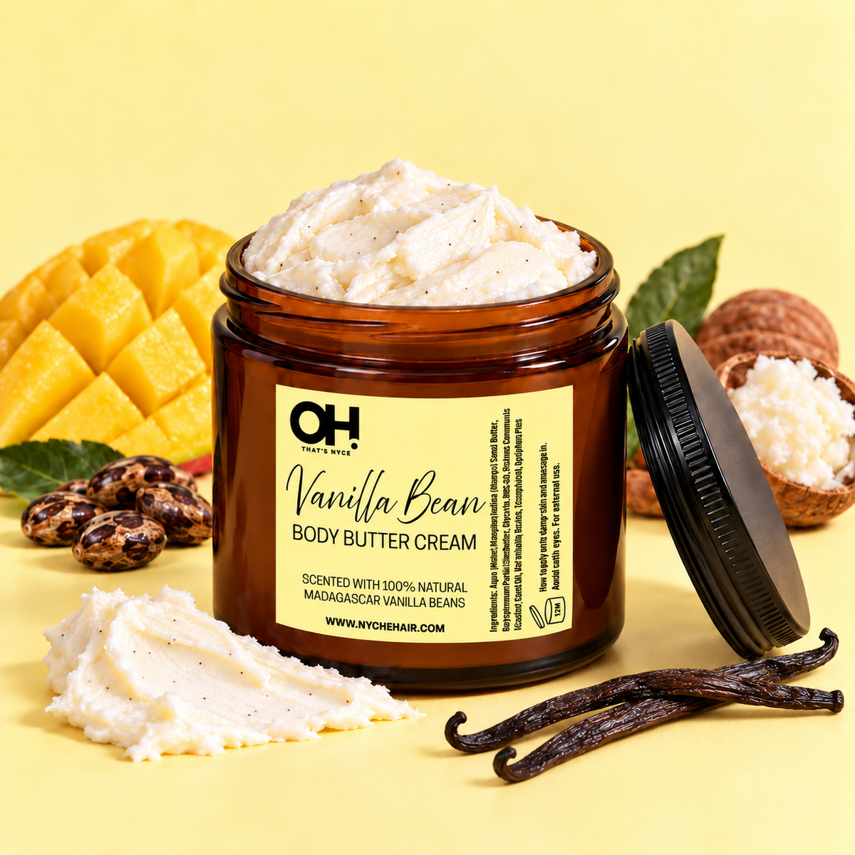 Vanilla bean body butter cream jar with open lid and white cream