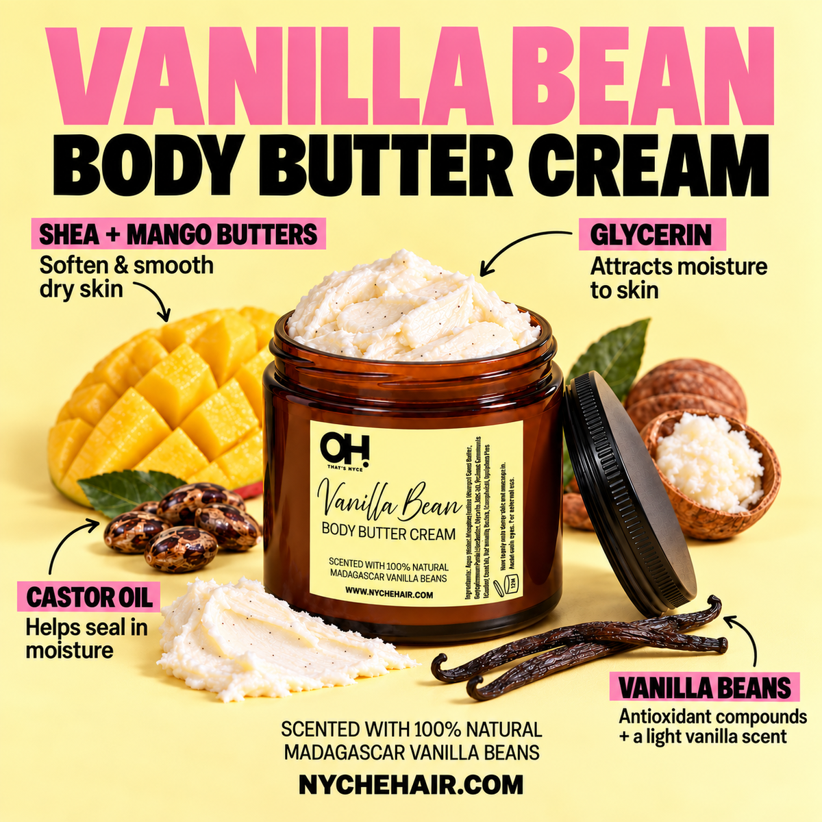 Vanilla bean body butter cream jar with creamy white texture and vanilla pods
