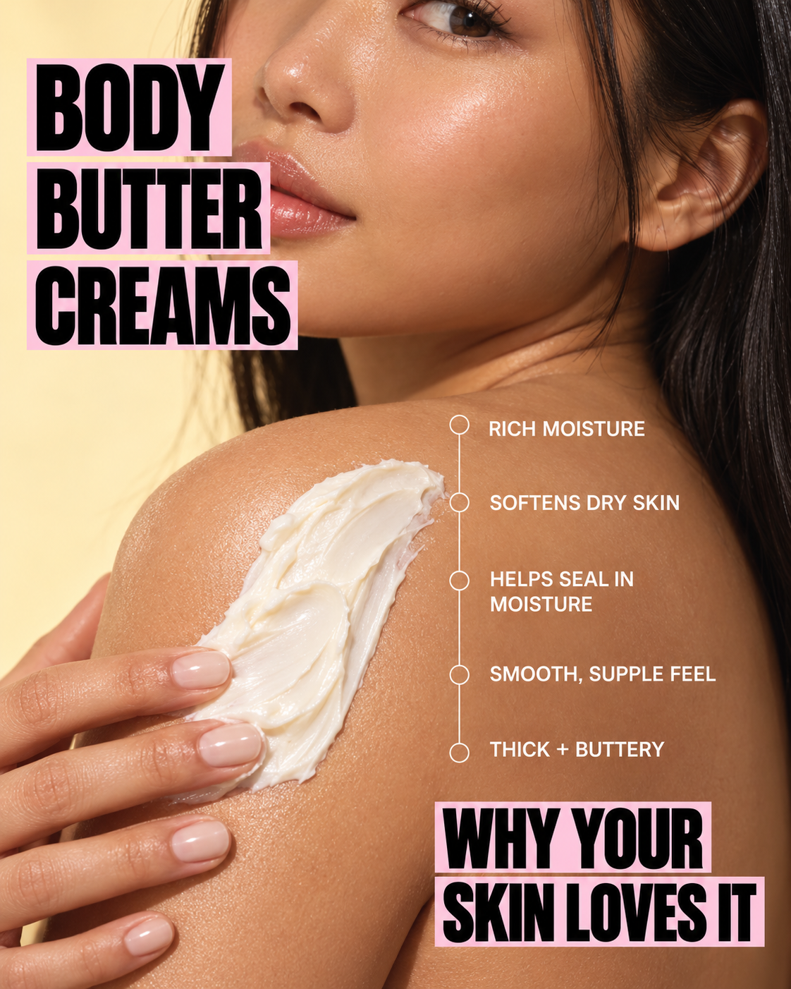 Body butter cream smoothed on skin with thick white swirl and hand