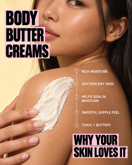 Body butter cream smoothed on skin with thick white swirl and hand