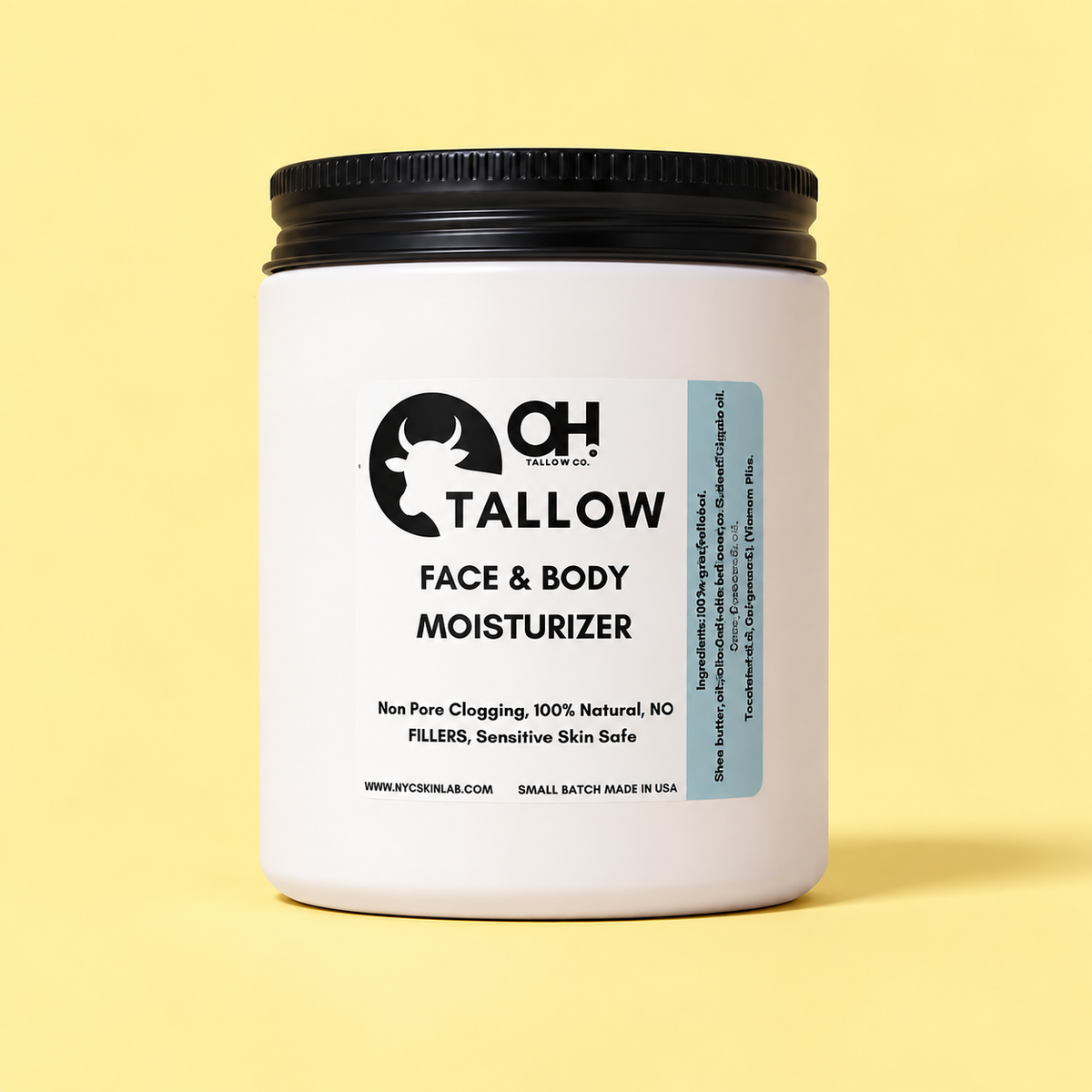 White jar with black lid labeled Tallow Face & Body Moisturizer