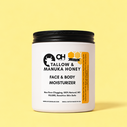 White jar with black lid labeled Tallow & Manuka Honey Face & Body Moisturizer