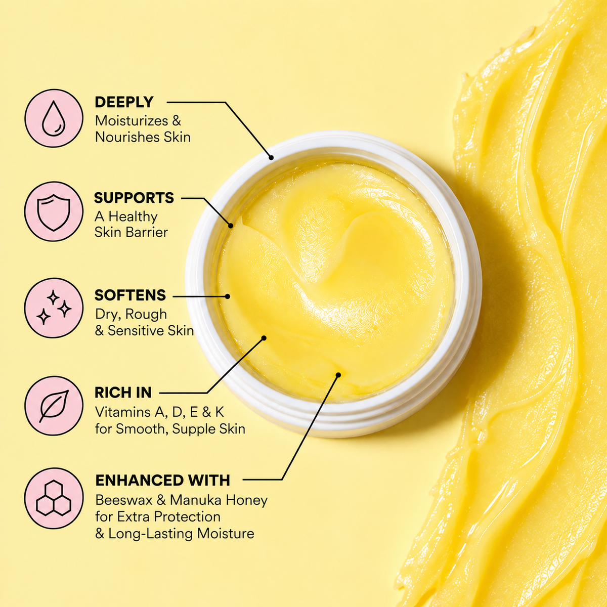Face and body balm jar with yellow balm swirl and skin benefits icons on label