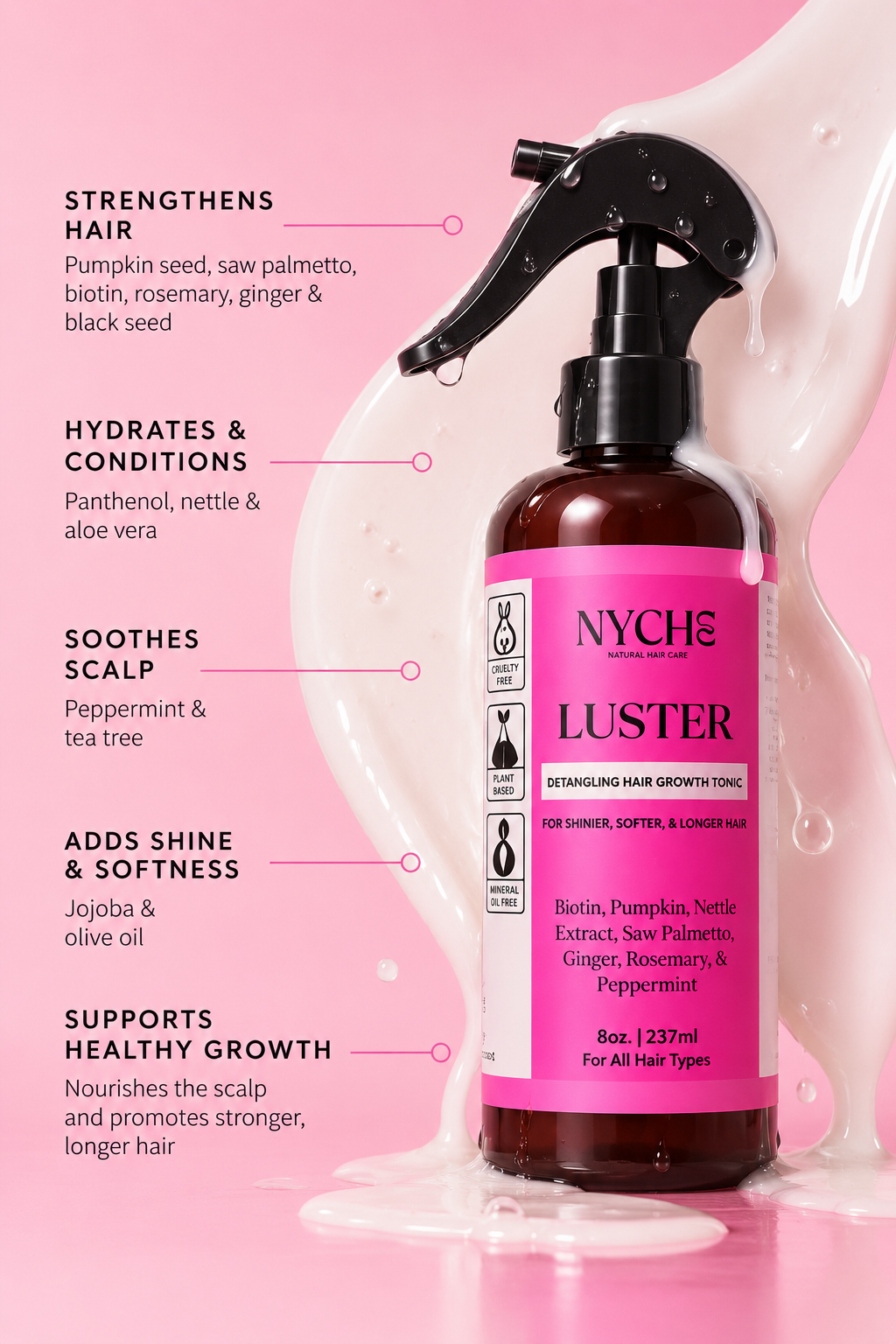 Luster hair growth tonic spray bottle with biotin, brown glass and black pump