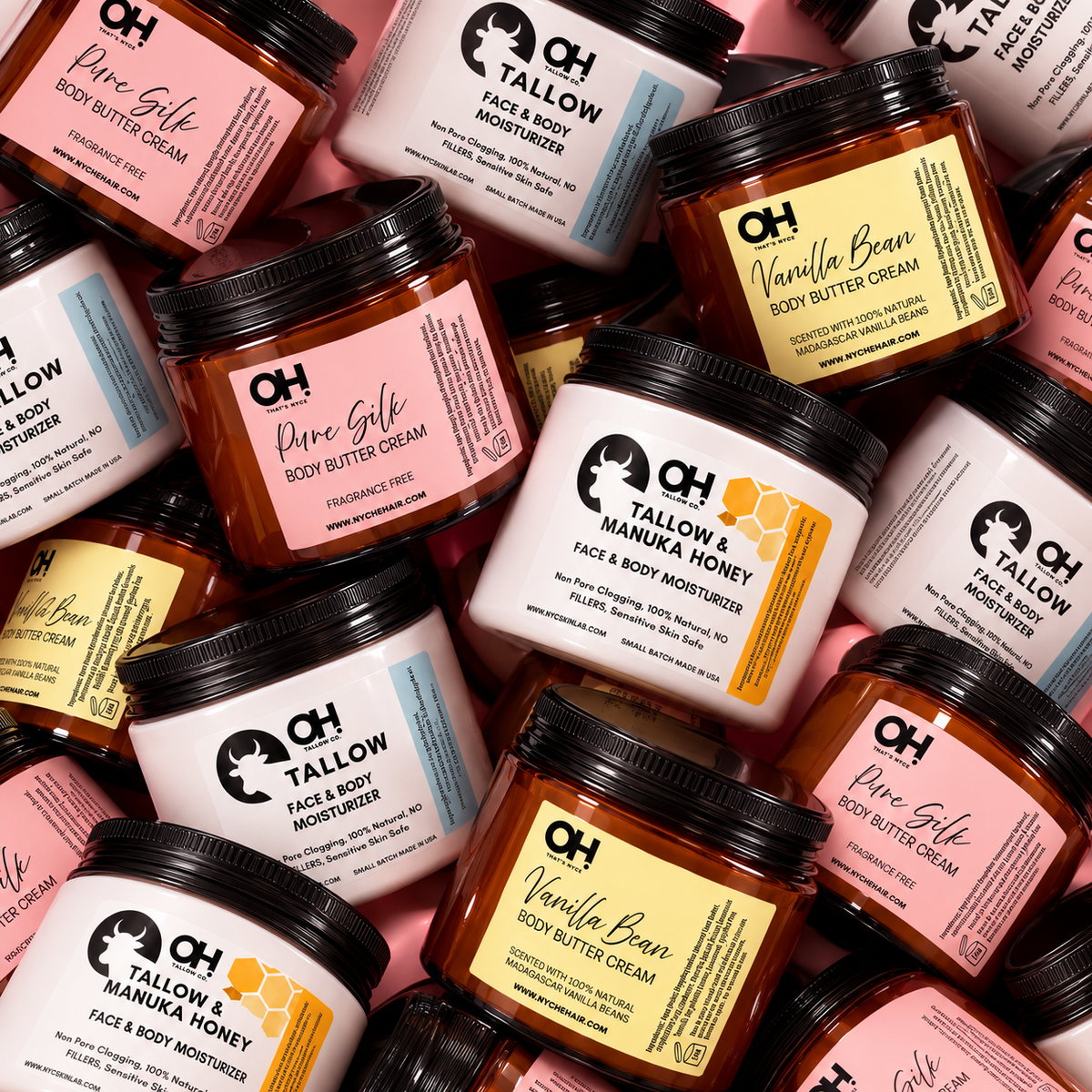 Face & body moisturizer jars with black lids, assorted tallow, manuka honey, vanilla bean.