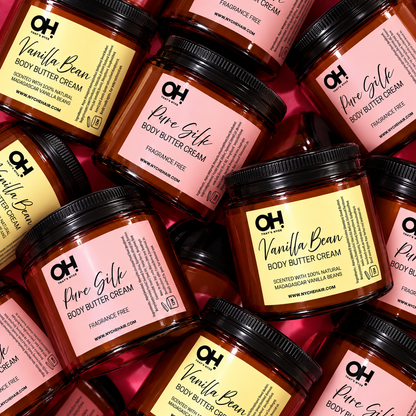 Unscented pure silk body butter cream jars with black lids
