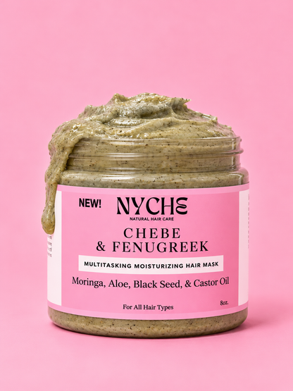 Herbal hair mask jar with green paste and pink label, Chebe & Fenugreek multitasking