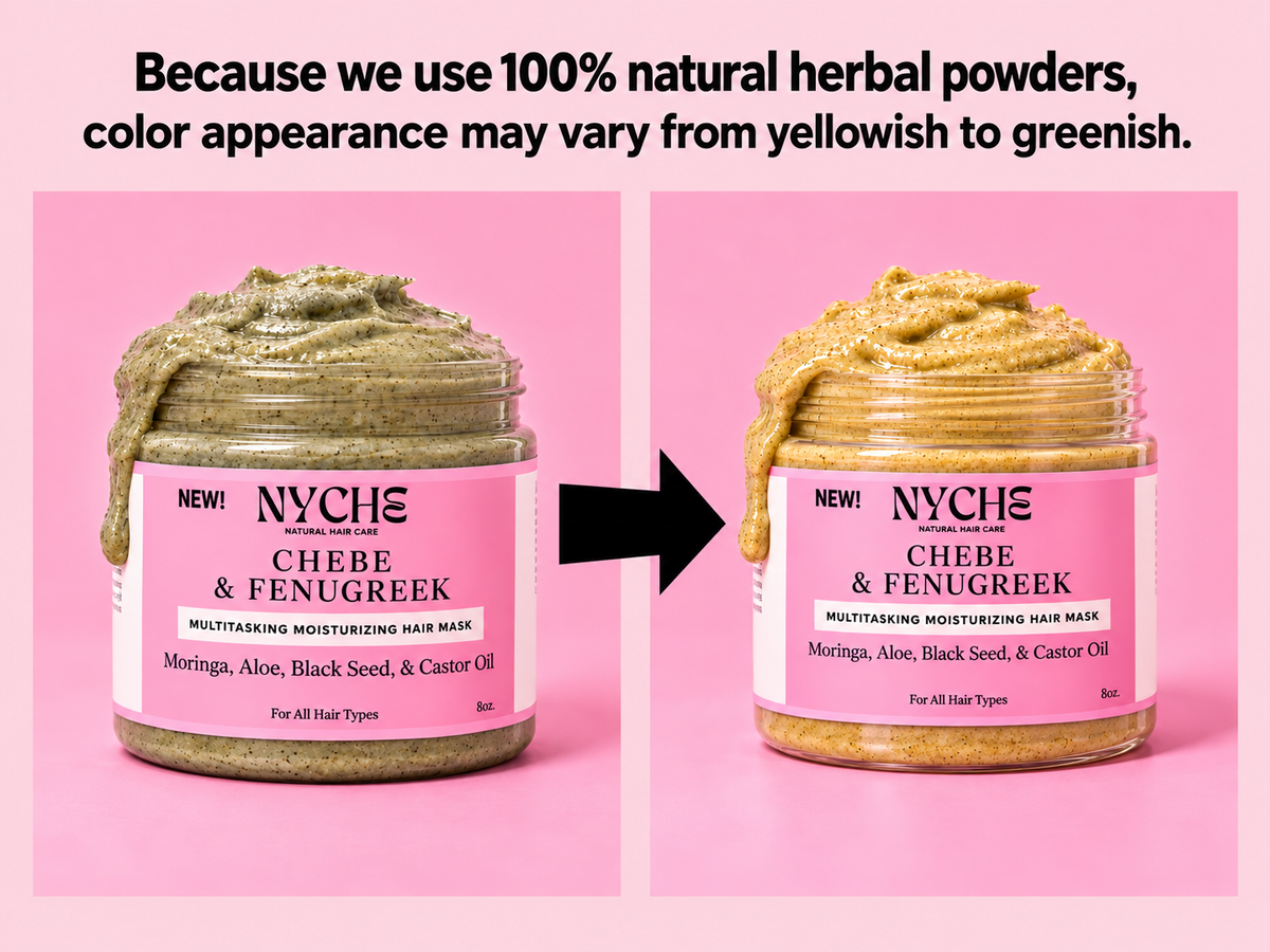 Two herbal hair mask jars showing lighter and darker green paste, Chebe & Fenugreek