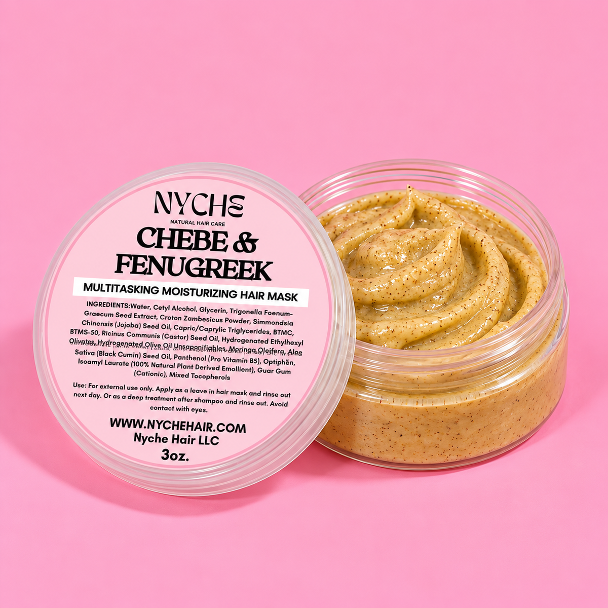 NYCHS Chebe & Fenugreek multitasking hair mask, open 3 oz jar with lid beside it