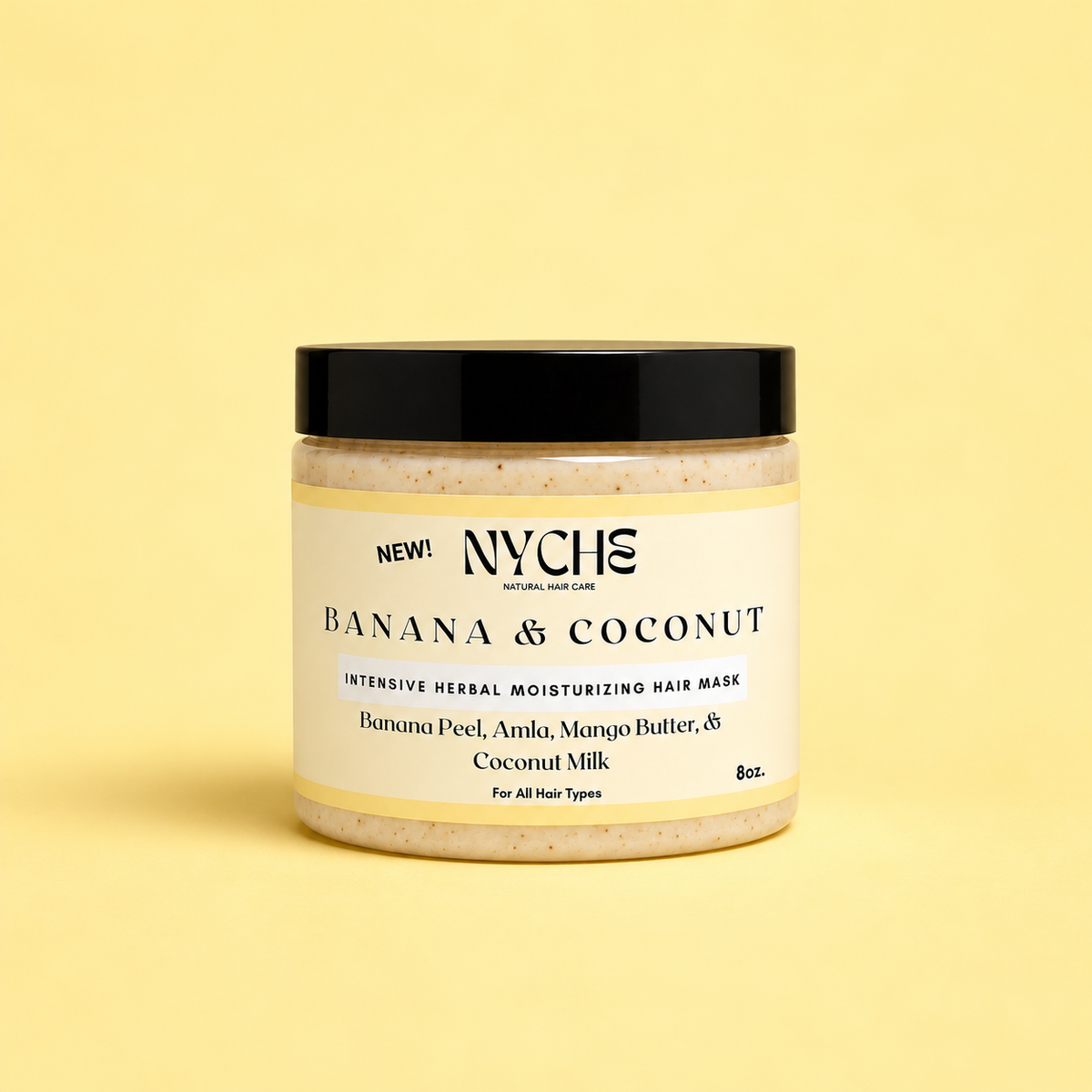 NYCHC Banana & Coconut hair mask jar with black lid, 8 oz