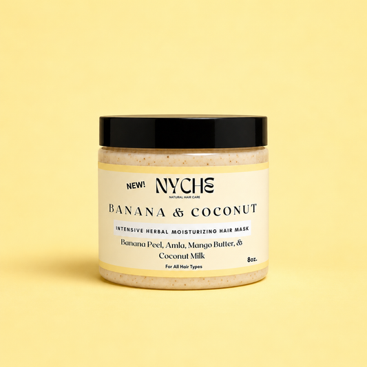 NYCHC Banana & Coconut hair mask jar with black lid, 8 oz